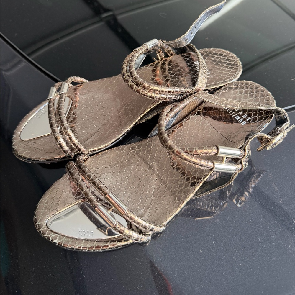 Stuart Weitzman Rolldown Metallic Micro-Wedge San… - image 2